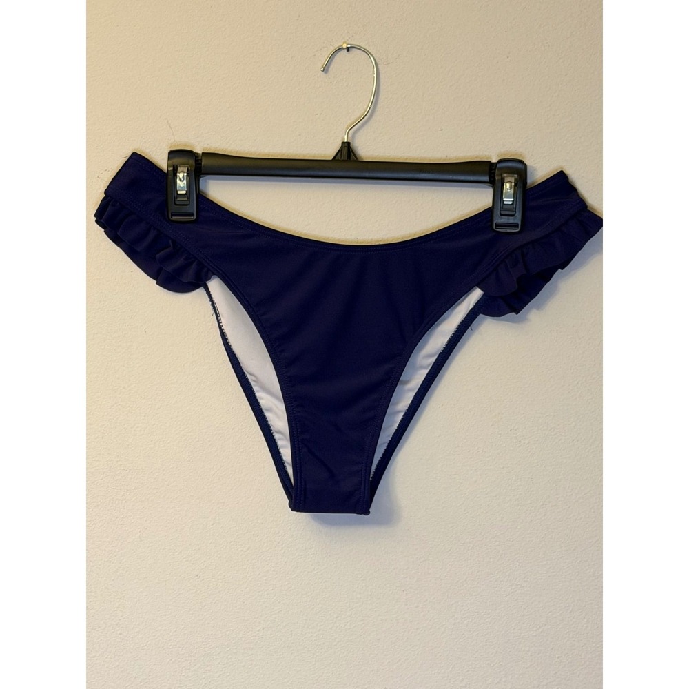 Beachsissi Navy Blue Ruffle Trim Bikini Bottoms Womens Large High Cut Cheeky‎